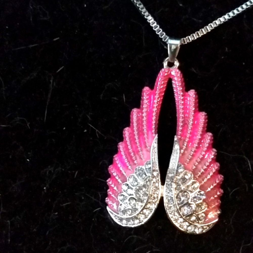 PINK Enamel and White Crystal Wings Silver Tone Pendant Necklace
